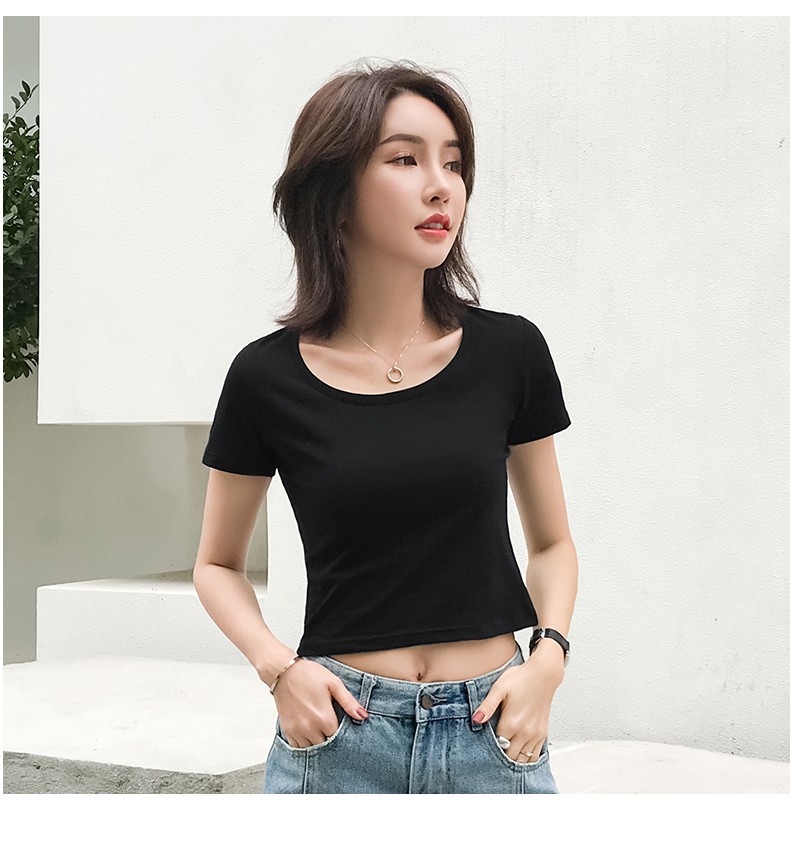 露脐高腰超短款上衣夏天女生露肚子小心机短袖t恤漏肚脐棉质紧身性感