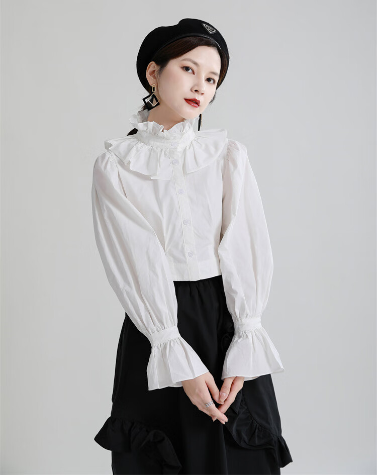 2021早秋新款高腰短款灯笼袖衬衫设计感立领荷叶边衬衫女黑色l