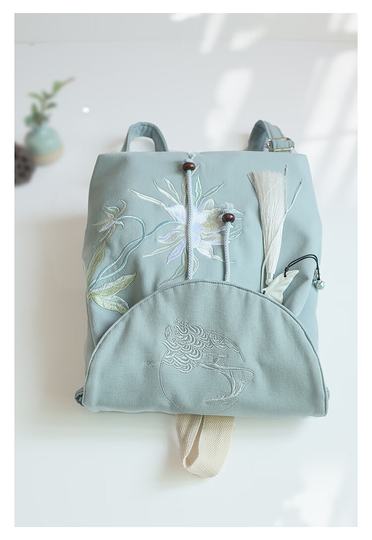 民族古风汉服森系文艺刺绣抽绳帆布双肩背书包女青绿鱼荷刺绣背包绿拼