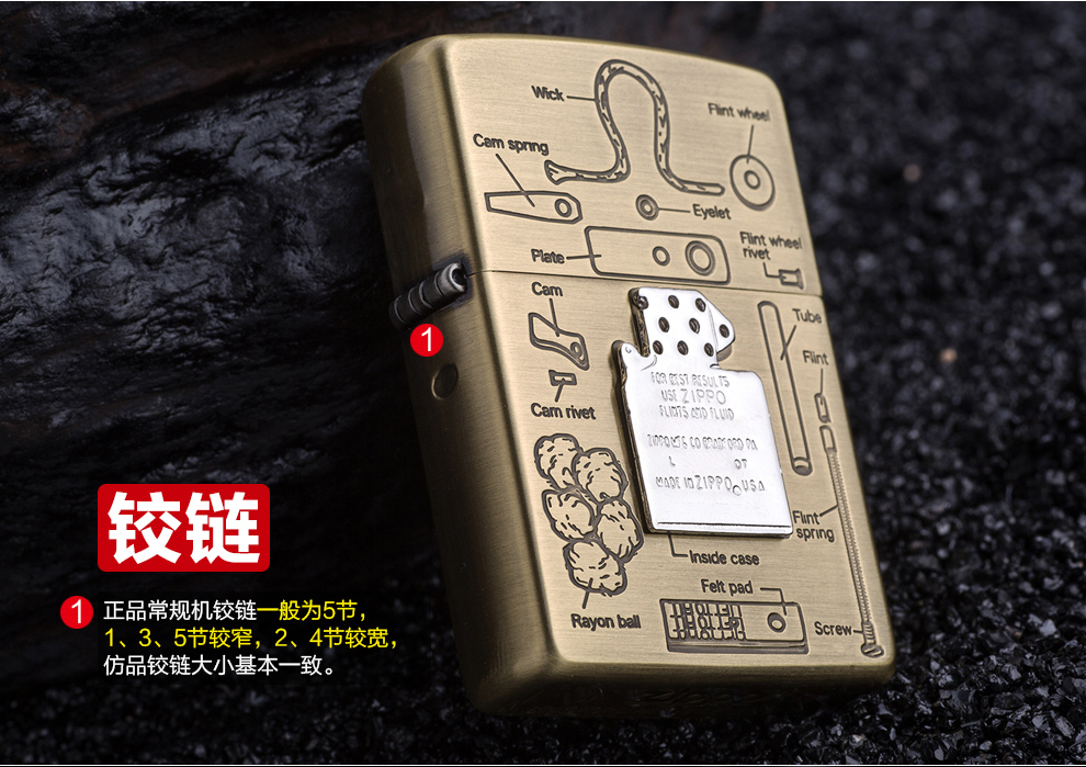 zippo煤油打火机防风纯铜内胆结构分解图古铜机芯构造图 205-ant