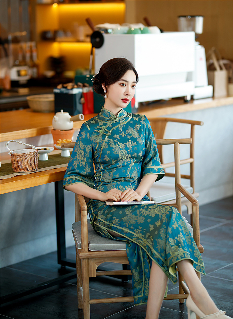 改良旗袍裙女中国风倒大袖长款中袖旗袍2022春新款时尚改良中老年女士