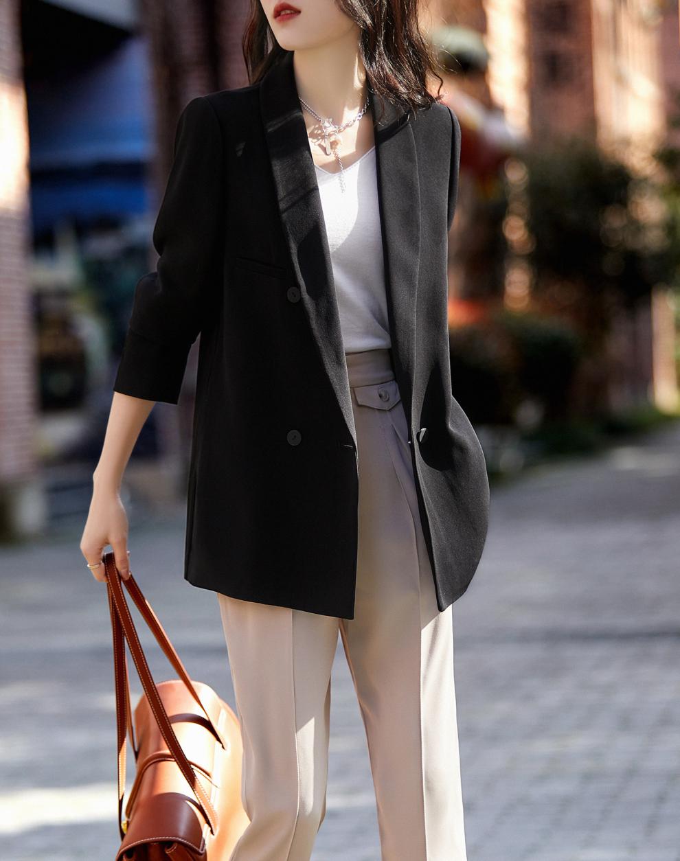 莎芡气质通勤西装外套女装2021新款秋季气质休闲百搭垂顺小西服 黑色