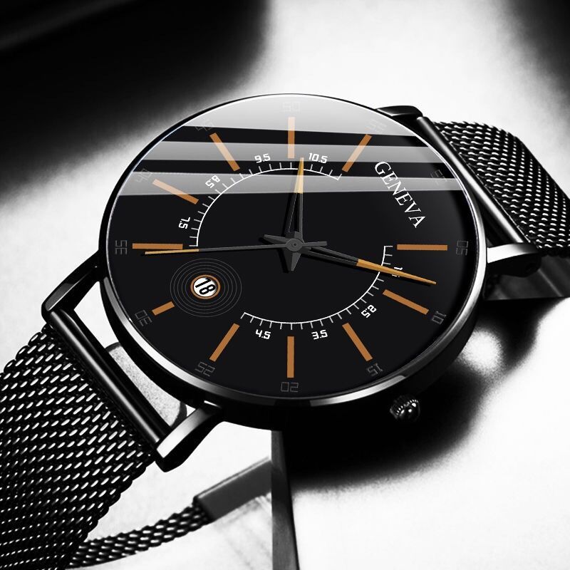 韩版时尚男士合金网带石英手表男款网红ins休闲日历学生皮带手表棕色