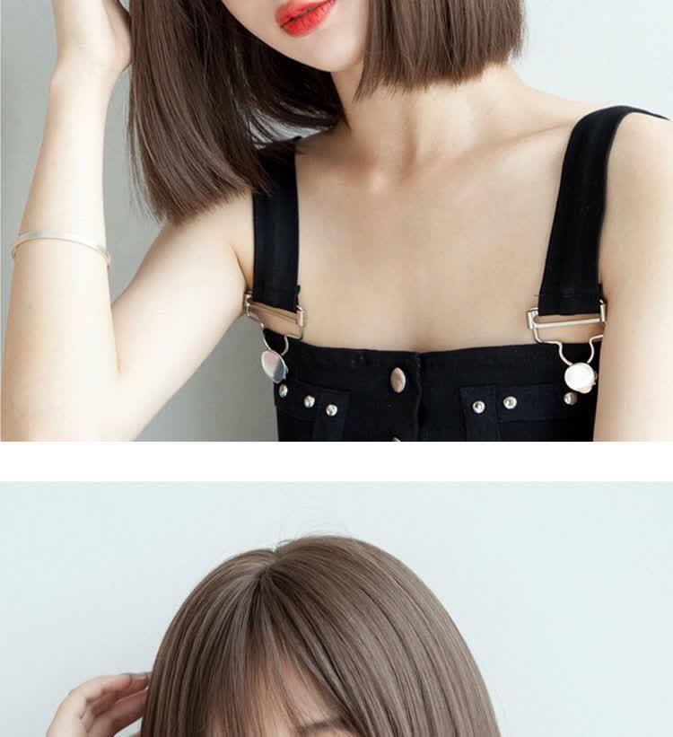 假发女网红bobo头学生短发圆脸短直逼真假发cos挑耳染花乐集 蜜茶亚麻