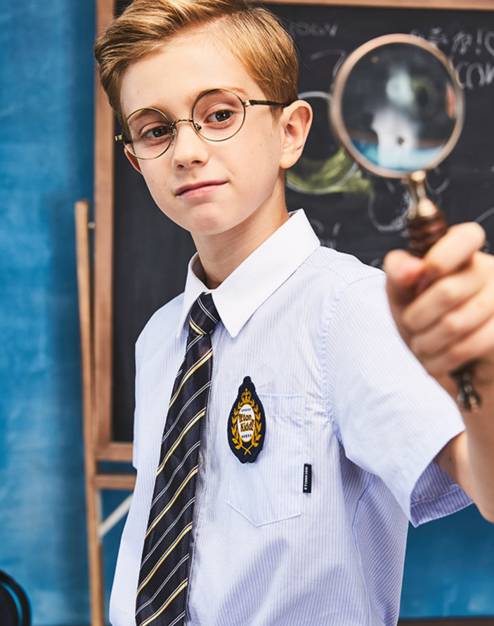 桢译伊顿纪德校服夏季小学生夏季校服男女童短袖衬衫蓝色条纹衬衣 蓝