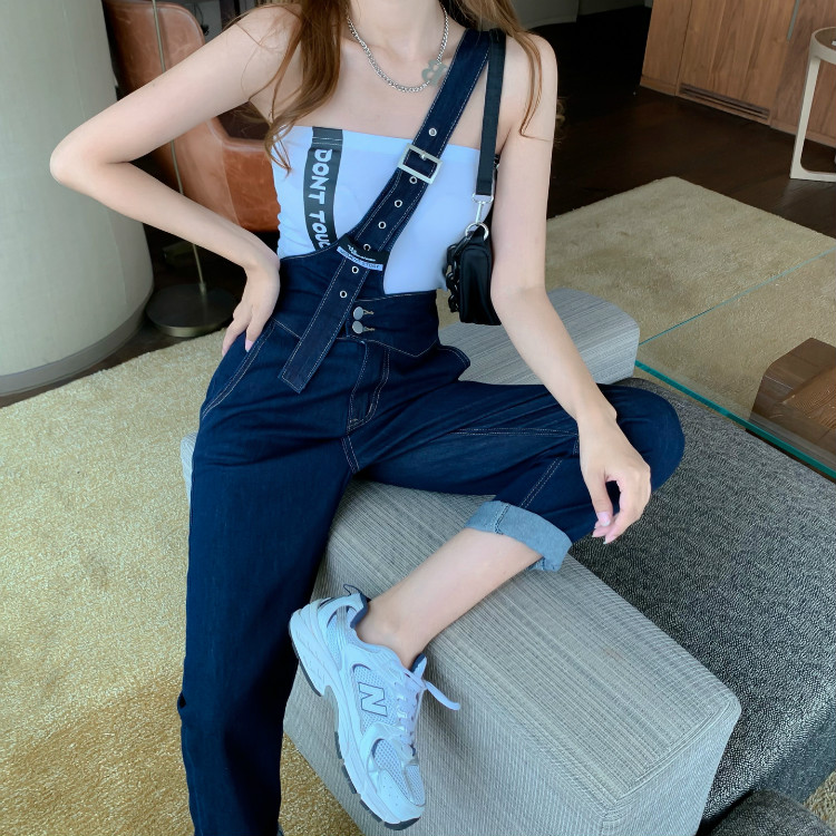 薄款单肩带牛仔背带裤女夏季新款小清新学生少女小个子显高设计感高腰