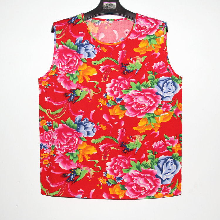 无袖棉绸背心夏季东北大花布民族风男士背心棉绸人造棉无袖t恤大码