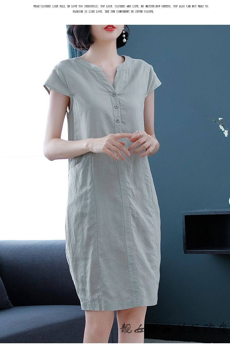 靓女街棉麻连衣裙2021新款夏季v领宽松大码胖mm显瘦遮肚子减龄亚麻
