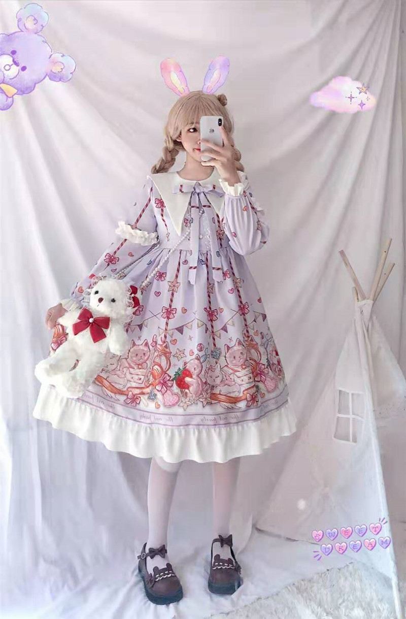 sseurat洛丽塔裙子日系洋装软妹春夏猫咪聚会lolita连衣裙op长袖裙女