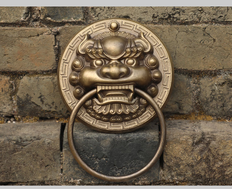 中式仿古纯铜大门兽头门环黄铜狮子头虎头麒麟头把手复古木门拉手14cm