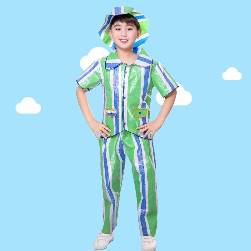 男女童环保时装秀女孩男孩儿童环保服装亲子时装走秀衣服演出服装手工
