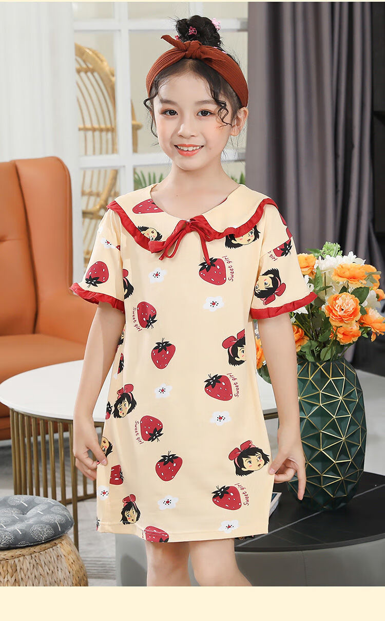 新年装女童睡裙夏季薄款短袖卡通空调服儿童睡衣女可爱小女孩宝宝公主