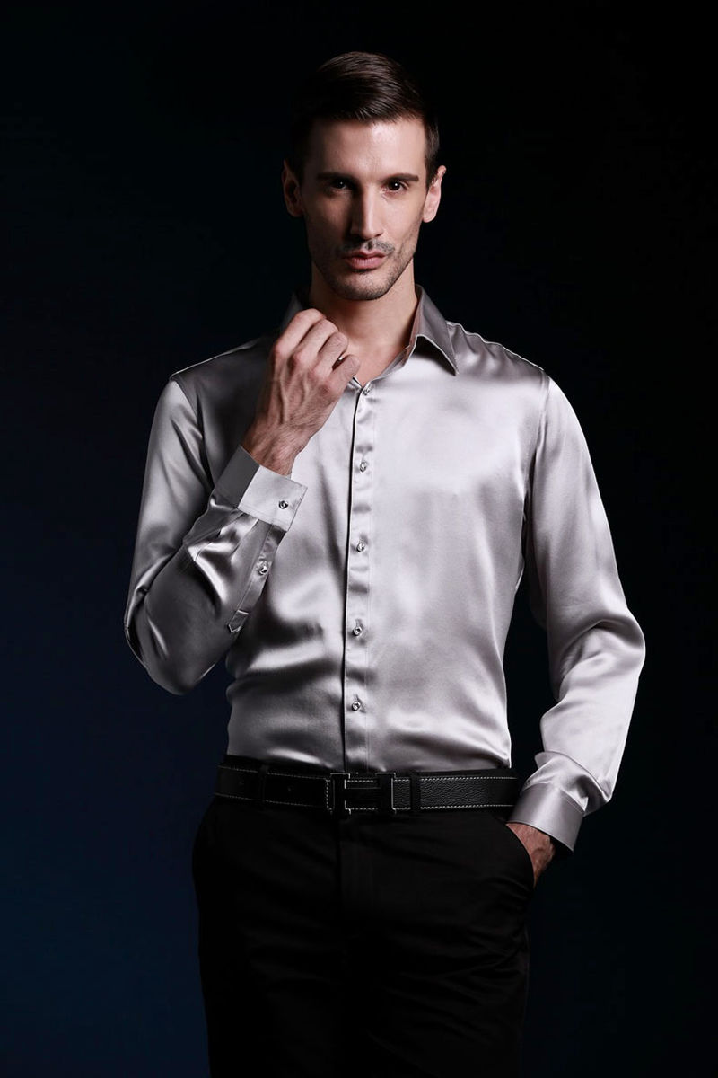 绸缎衬衫男长袖衬衣光滑料仿丝绸亮面桑蚕丝男装缎面仿真丝上衣薄白色