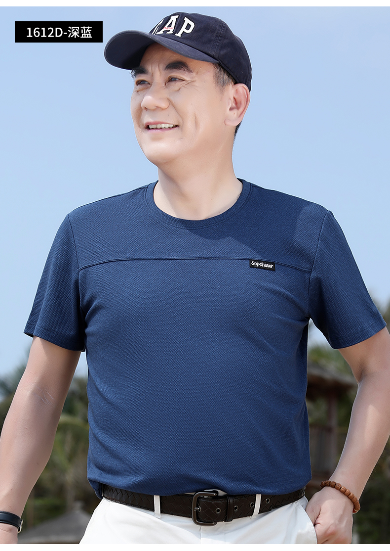 爸爸夏装t恤短袖含棉圆领休闲条纹男士上衣服夏季中老年人爷爷装r539