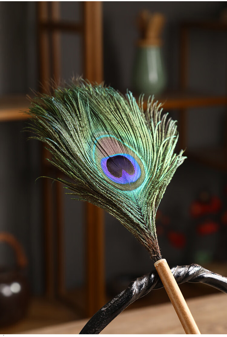 竹制鸵鸟毛扫灰家用装饰品鸡毛掸禅子复古 筇竹柄孔雀羽毛拂尘【图片