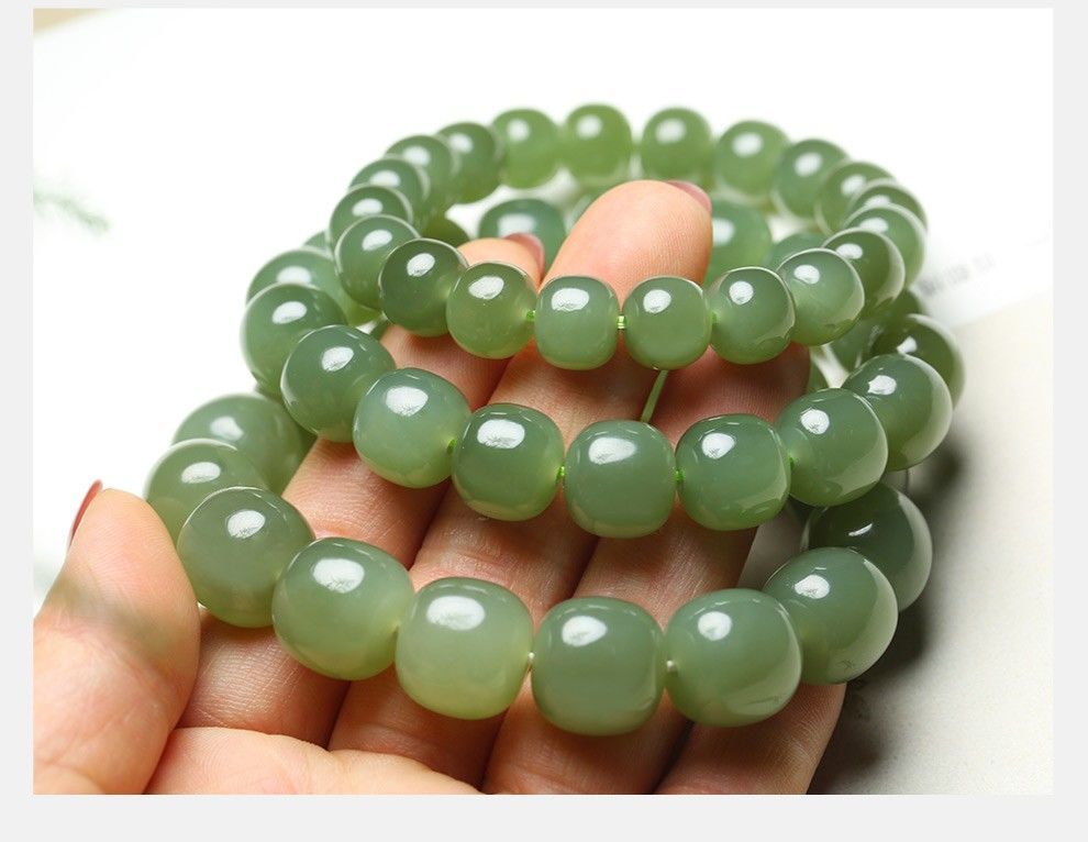 天然和田玉手链青海料青白玉男女款油青老型珠手串情侣款玉手链 直径