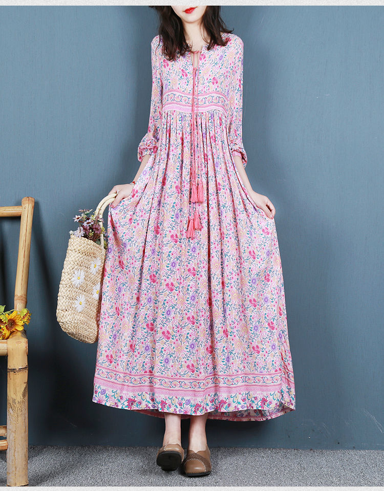印花连衣裙女春夏季长款大摆裙宽松波西米亚长裙子红色l120135斤左右