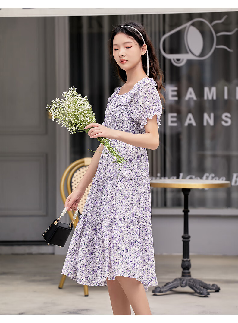 阿依莲浪漫荷叶打揽抽绳碎花连衣裙夏上新紫丁香s