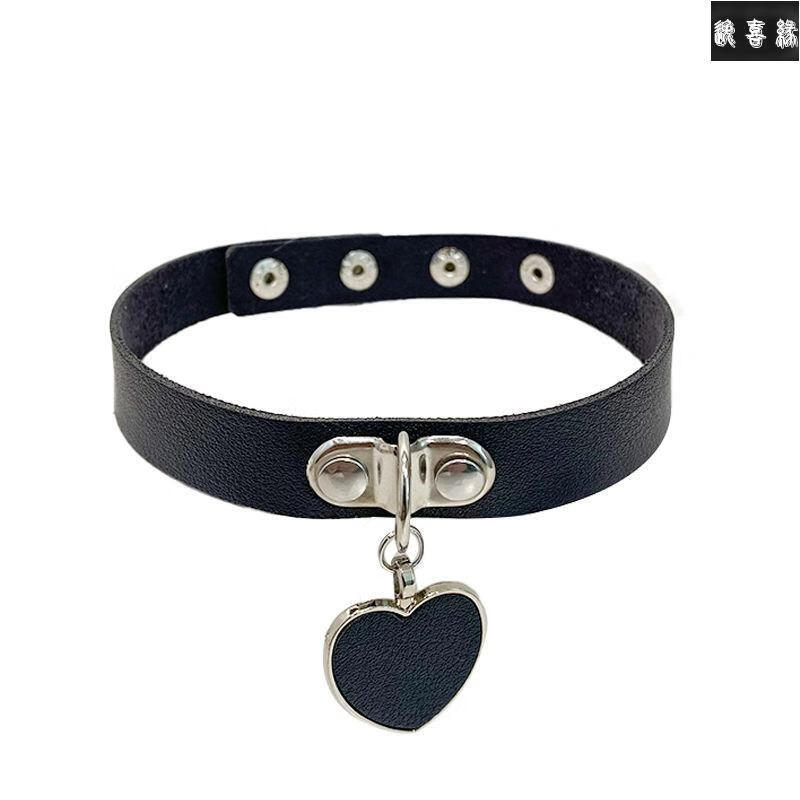 环暗黑系爱心吊坠项圈颈环链条chocker项链 黑色蕾丝小铃铛项圈【图片