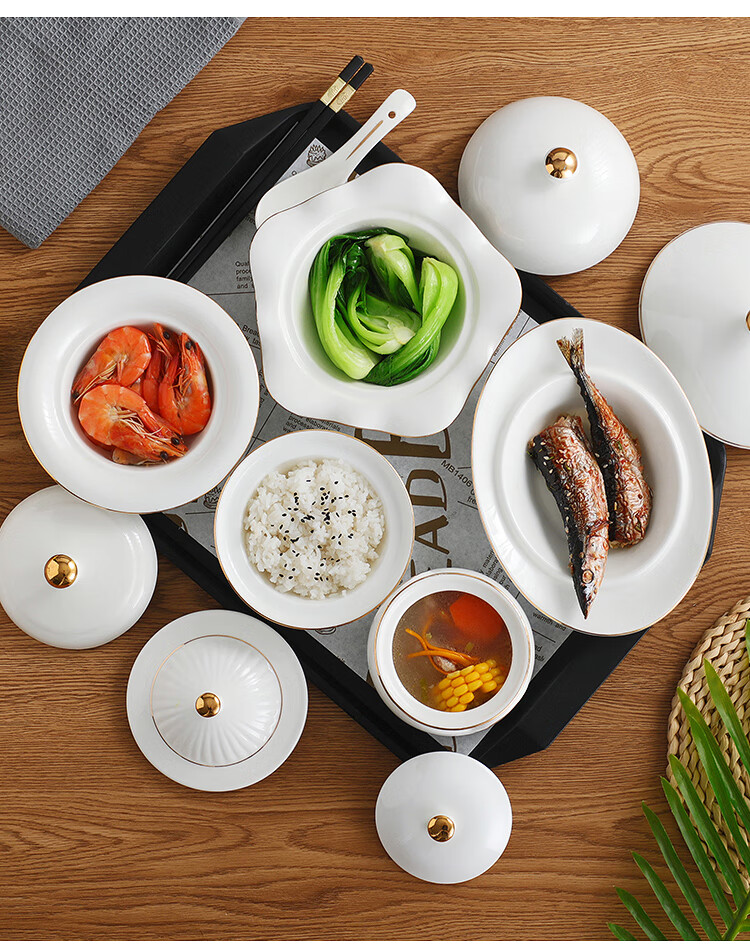 陶瓷月子餐具套装碗盘产妇专用带盖环保卫生月子餐一人份炖汤盅乳白色