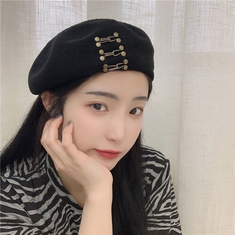礼莎甜飒御姐风贝雷帽女夏季薄款日系钉扣镂空气质优雅百搭画家帽子