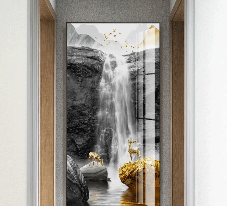 新款高山流水入户玄关装饰画大气山水画瀑布大幅走廊背景墙门厅挂画f