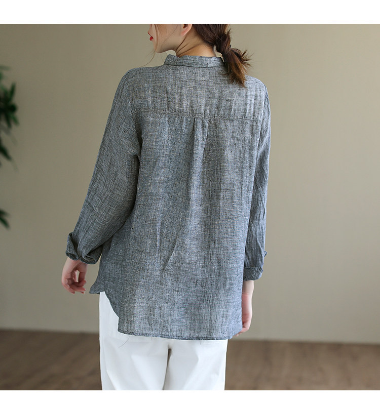 子牧棉麻春装女文艺复古宽松显瘦翻领衬衫长袖衬衫2532浅灰色xl130145