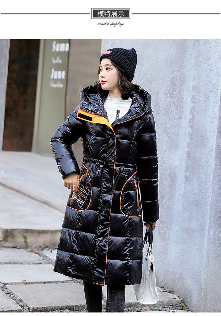 2021冬季新款棉服女中长款过膝亮面棉衣加厚棉袄修身连帽外套黑配桔xl