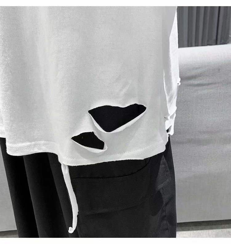 破洞t恤男长袖季港风潮牌纯色衣服ins潮流百搭宽松内搭打底衫t09白色m
