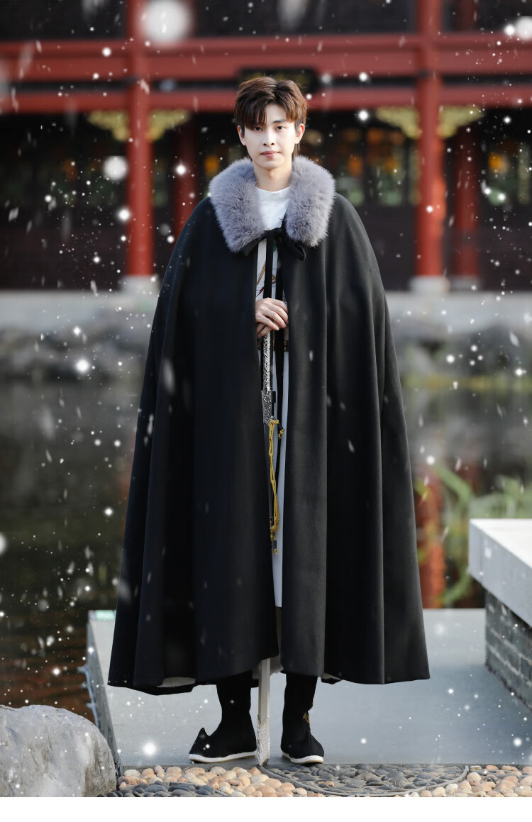 卡辑古装汉服男冬装仙气加绒加厚长斗篷披风外套侠客武侠风刺绣圆领袍