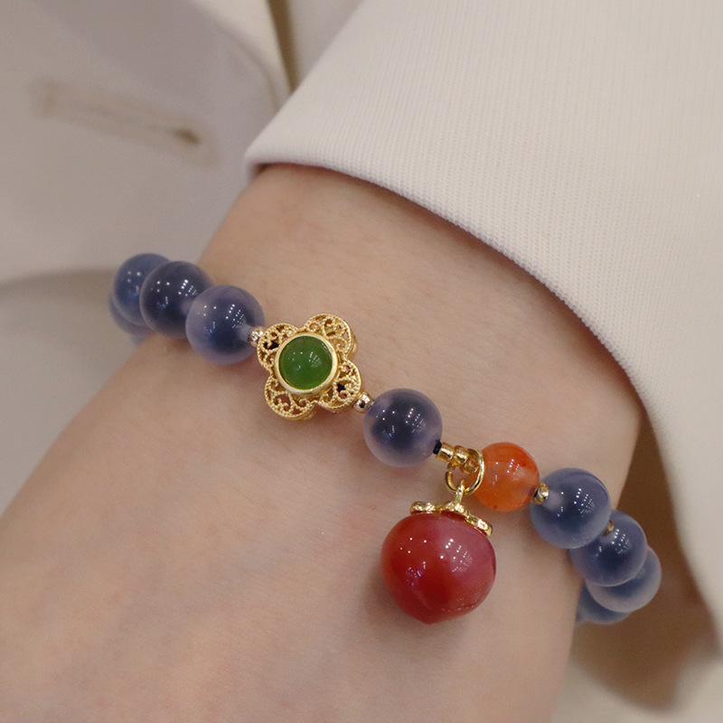 元捷 糖心玛瑙手链蓝色玛瑙手串盐源玛瑙桃子吊坠手饰品 双圈蓝色糖心