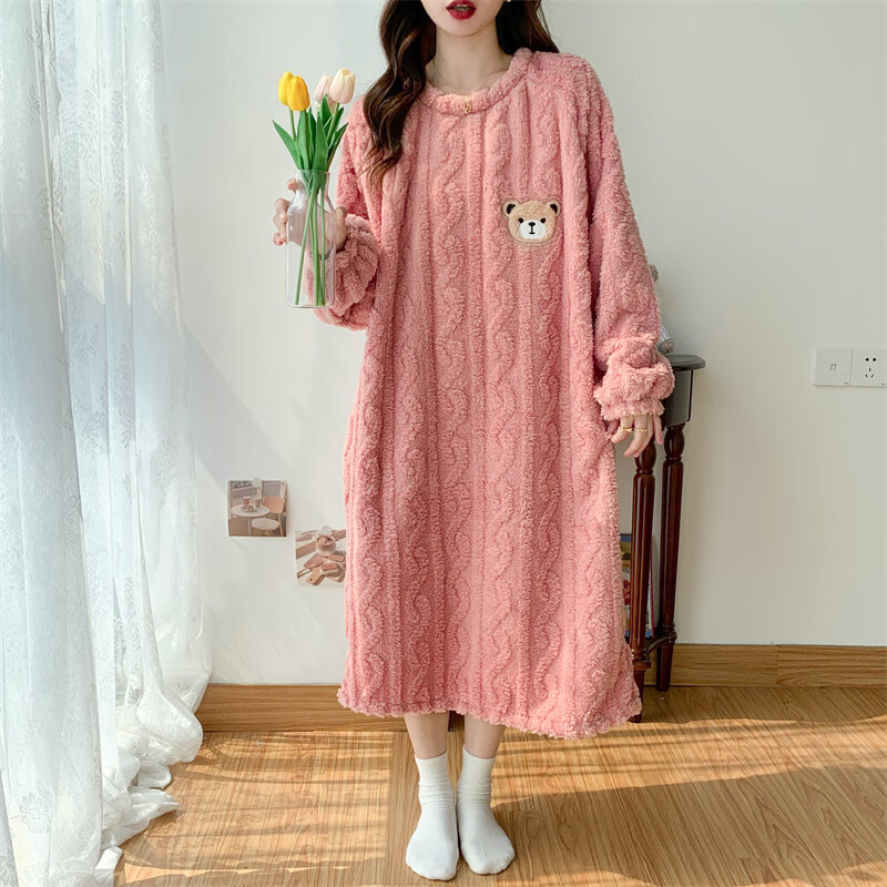 梦伊茜 特大码睡裙女秋冬加厚珊瑚绒加肥胖mm300斤长款孕妇法兰绒睡衣