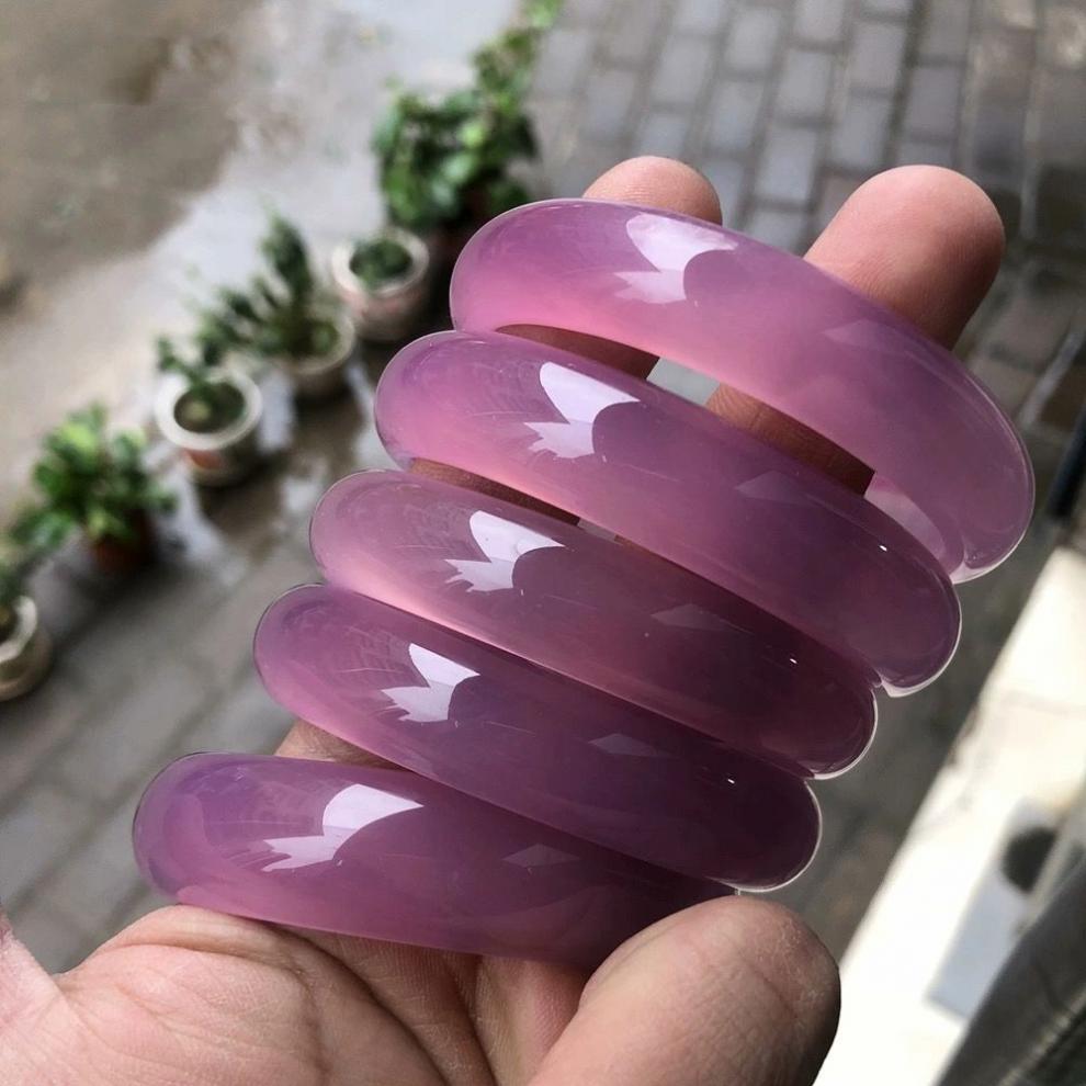 紫玉冰花芙蓉玉手镯粉紫色玉髓玛瑙镯子水晶玉镯饰品女粉玉髓54