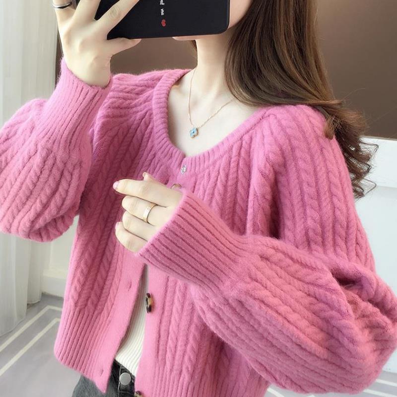 圆领针织开衫短外套女2021秋季新款韩版时尚麻花洋气毛衣ins外搭白色s