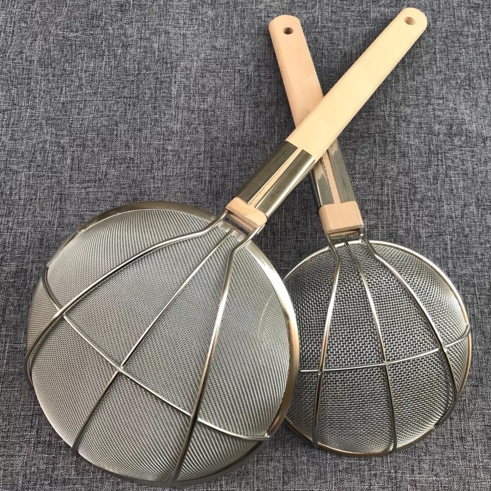 不锈钢过滤网筛芝麻捞油炸漏勺笊篱密网木把大漏网勺木柄炸篱勺木柄