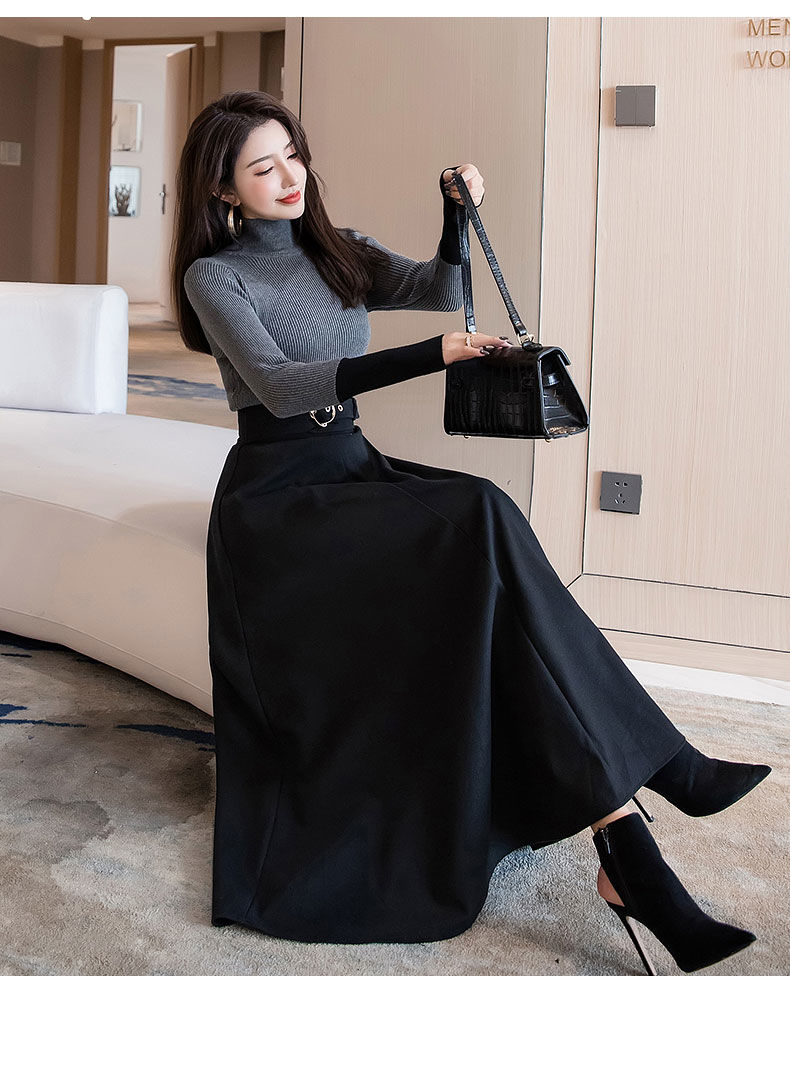 高腰时尚百搭显瘦长裙字毛呢大摆伞裙半身裙黑色半身裙3xl建议140150