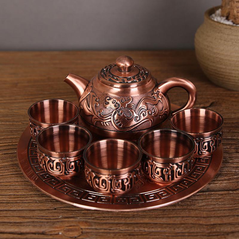 uhfq高档纯铜红铜茶具套装功夫茶具龙凤锦鲤酒具复古中式家用整套礼的
