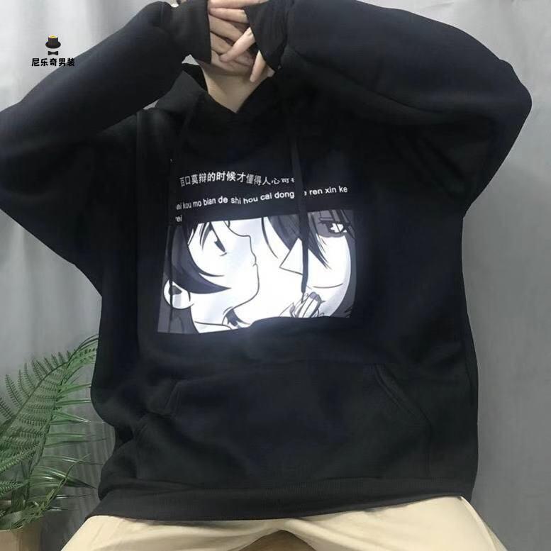 加绒秋冬季新款套头卫衣卡通印花原宿男通款情侣宽松百搭连帽卫衣潮尼