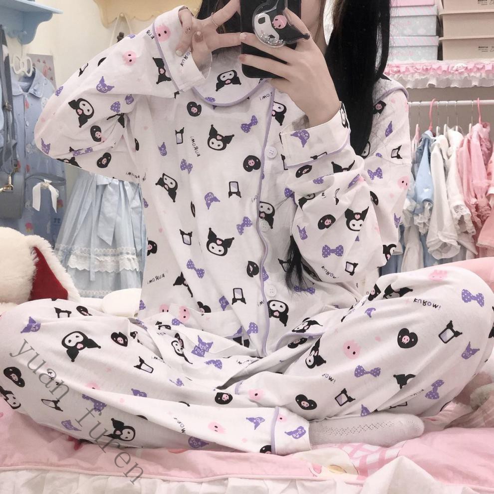 日系可爱卡通睡衣女秋冬娃娃领印花甜美ins软妹长袖春