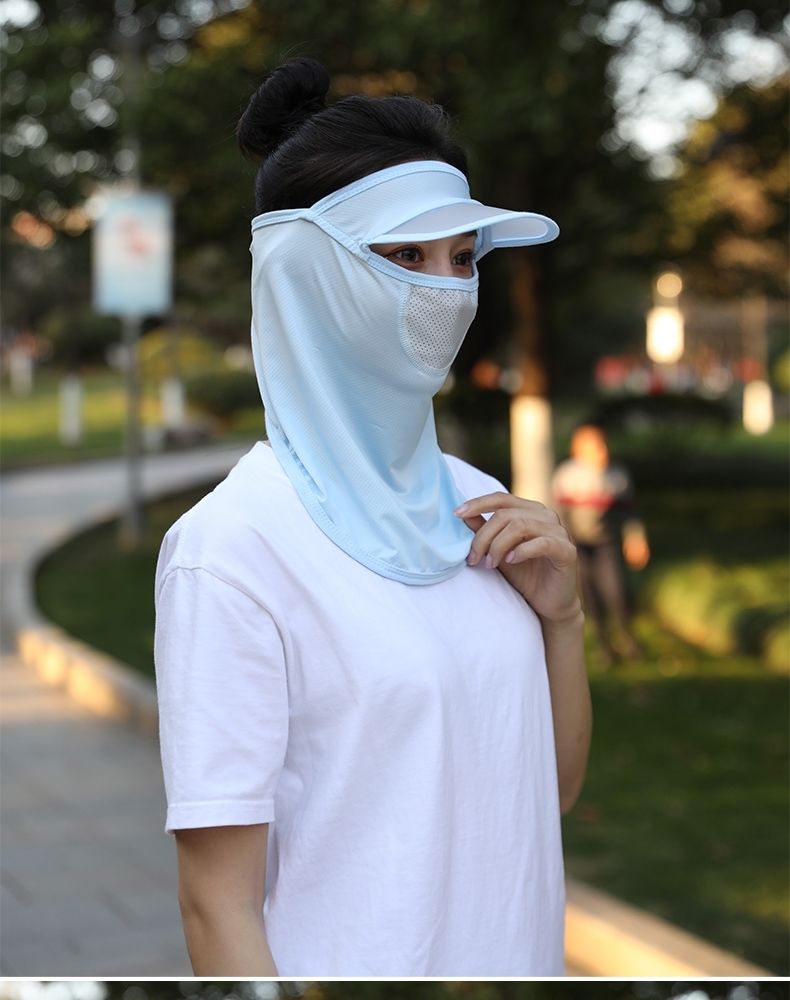 防嗮口罩防晒帽子遮脸脖子凉帽女夏时尚露顶冰丝遮阳帽脸罩粉色蓝色2