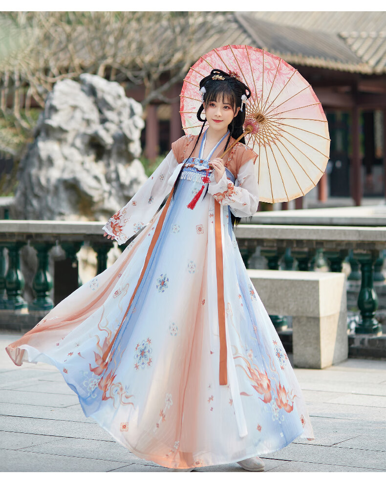 唐制汉服女唐褙子吊带齐胸8破襦裙中国风日常汉元素 蓝白色 s【图片