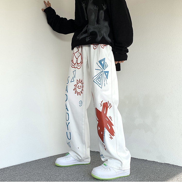 金盾kindon嘻哈oldschool涂鸦牛仔裤男春秋季新款韩版ins潮炸街子白色