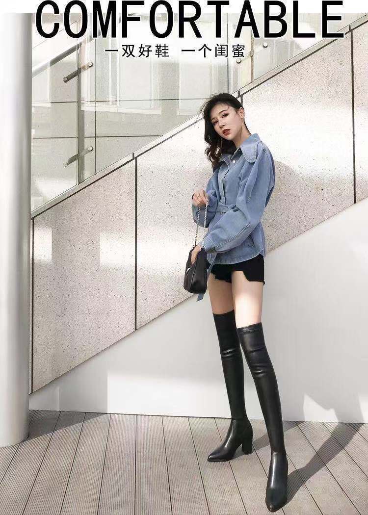 长筒靴高跟粗腿头层牛皮长靴女长筒靴过膝高跟显尖头软皮面超长大腿细