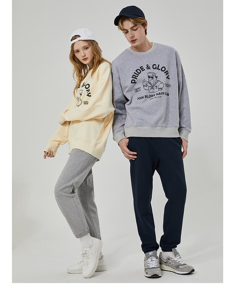 plory男装春夏季宽松版情侣款卡通印花休闲舒适宽松圆领卫衣上衣 麻