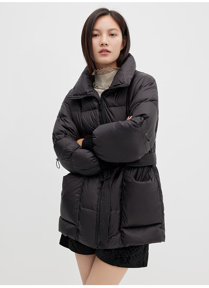商场同款艾诺丝雅诗2021冬装新品立领系带收腰简约中长款女羽绒服外套