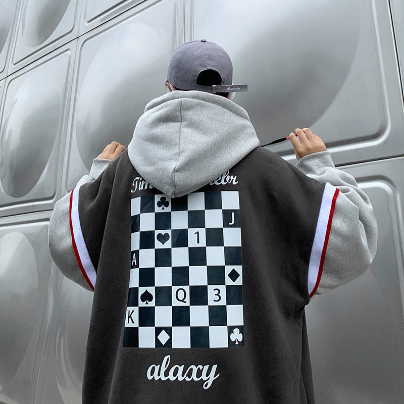 新款春秋棋盘格卫衣男ins宽松潮牌长袖上衣服炸街慵懒风方格外套灰色