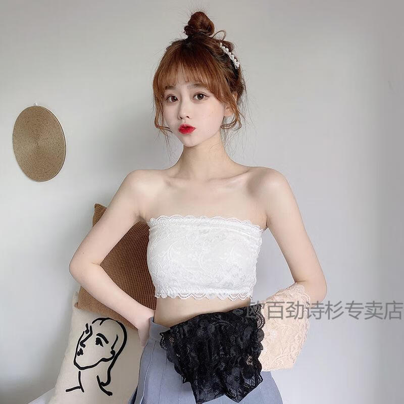蕾丝抹胸内衣少女学生韩版露肩美背裹胸背心无肩带防走光隐形内衣黑色