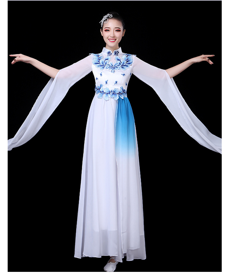古筝演奏服装演出服成人女中国风水袖飘逸演出服表演礼服清新 白色