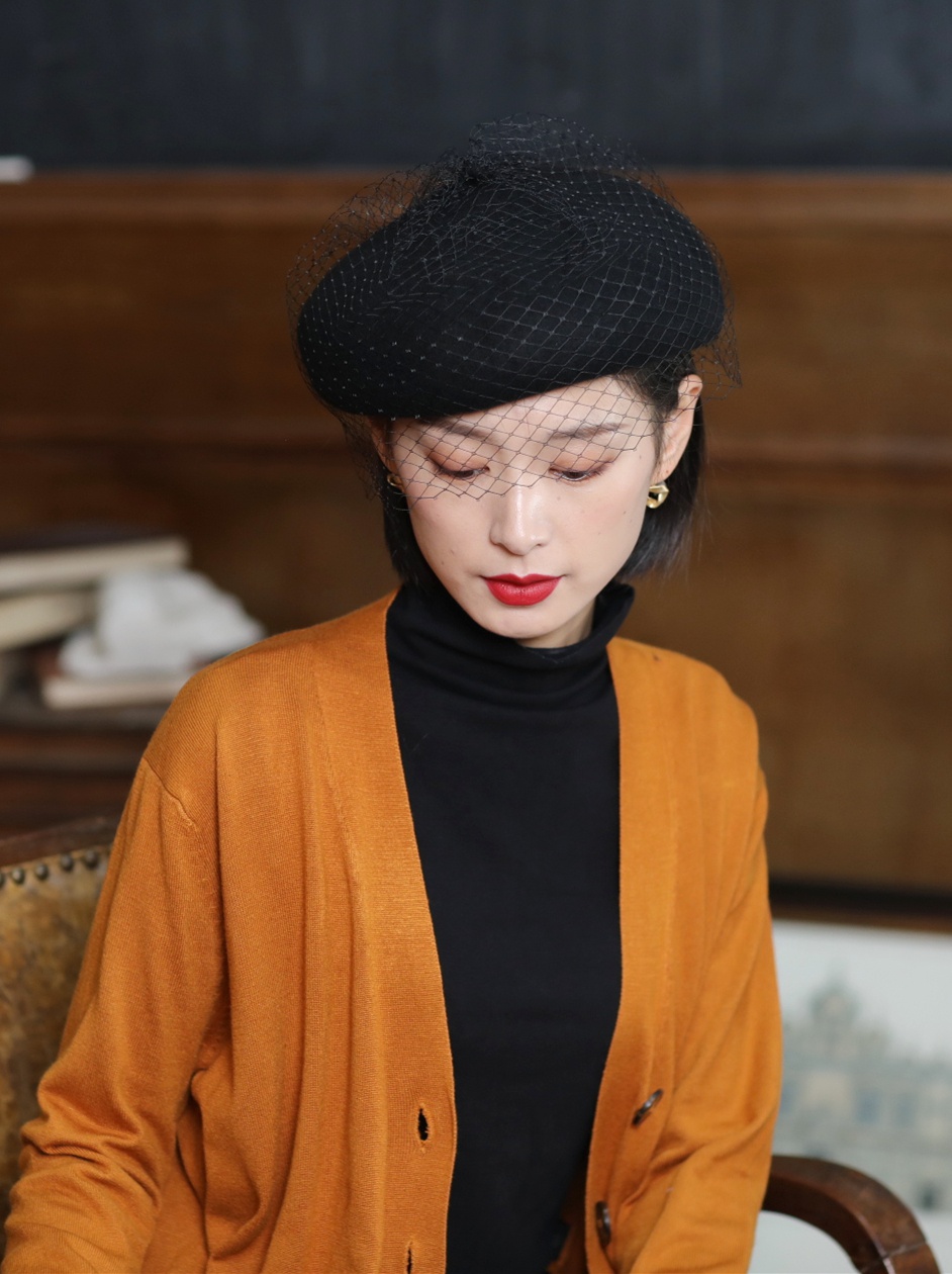 科蒂尼塔品牌贝雷帽女秋冬季韩版复古网纱蓓蕾帽八角百搭毛呢帽子女冬