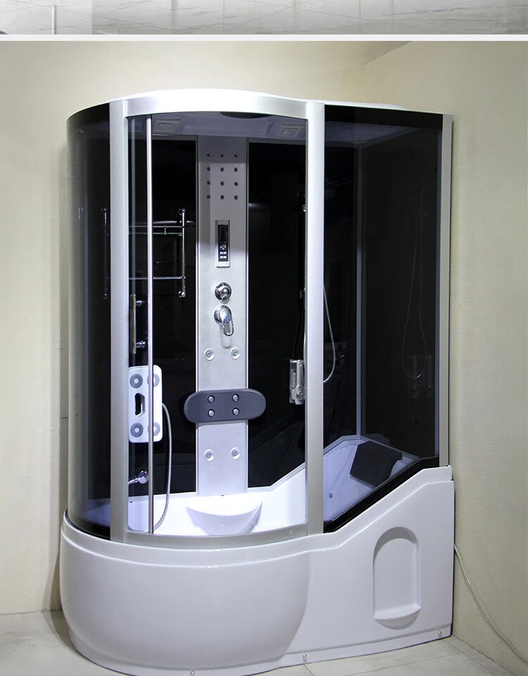 间蒸汽浴缸一体式洗澡间玻璃隔断沐浴房弧扇形135x90黑色左群含蒸汽